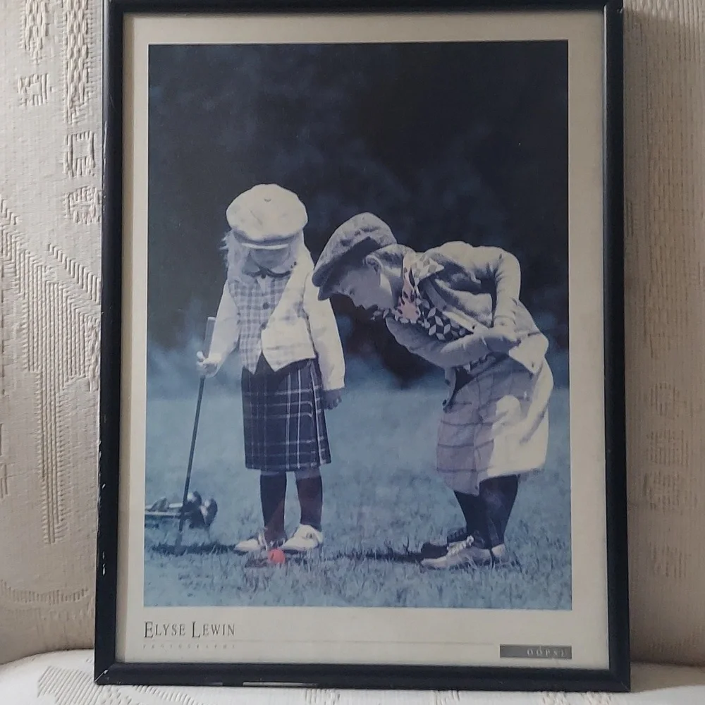 1990 Oops! Lil Girl & Boy Vintage Golfers Metal Framed Poster Elyse Lewin 9x12